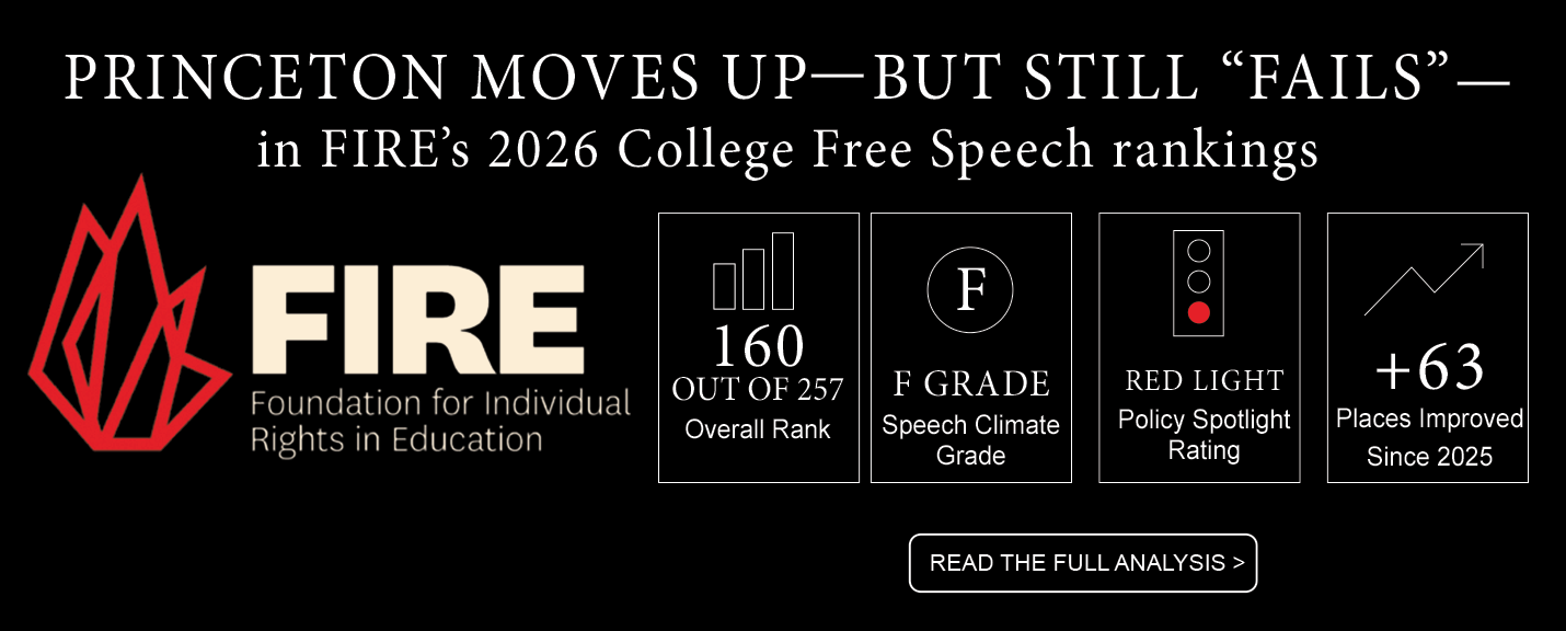 A black promotional graphic with white and red text about Princeton moving up but still failing in FIRE's 2026 College Free Speech rankings. The FIRE logo appears on the left, with four statistic panels on the right showing overall rank, F grade speech climate grade, red light policy spotlight rating, and +63 places improved since 2025.